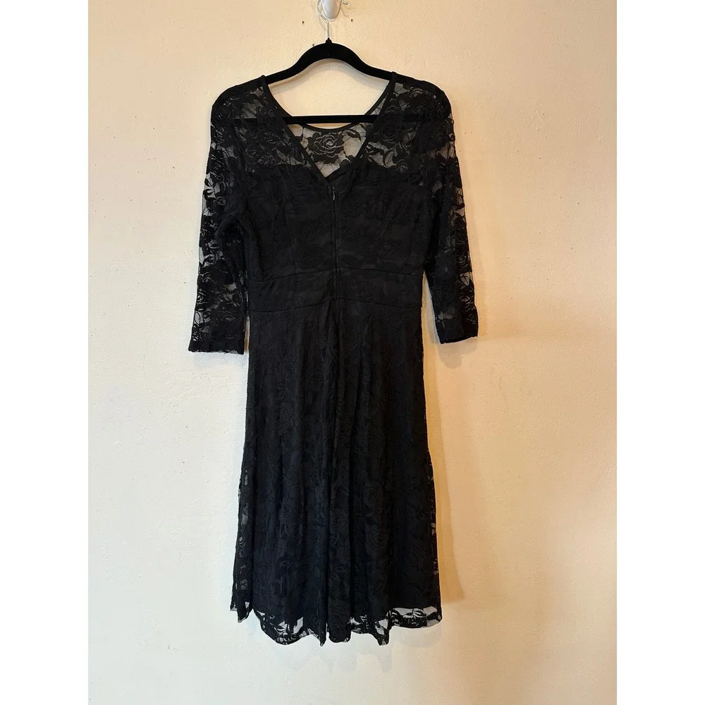 Y2K Black Floral Lace Fit and Flare Dress Whimsigoth Grunge Punk 3/4 Sleeve Sm